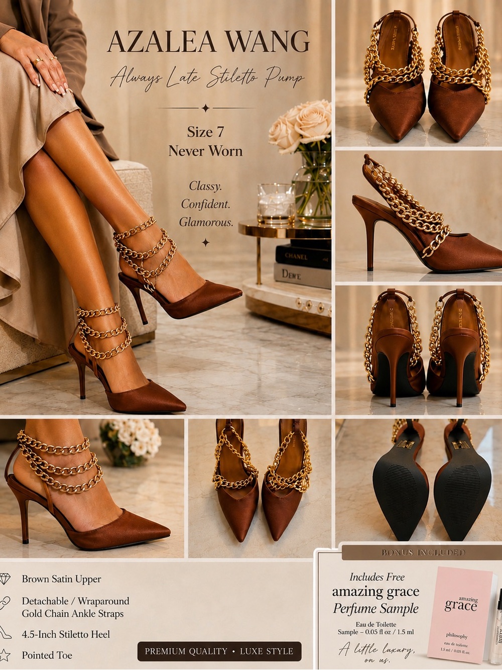 Azalea Wang Brown Satin Stiletto Pump with Gold Chain Ankle Straps